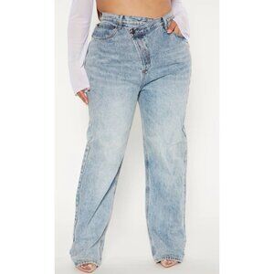 Fashion Nova Jeans Women's 15 Criss Cross Button Fly Straight Leg Light Wash